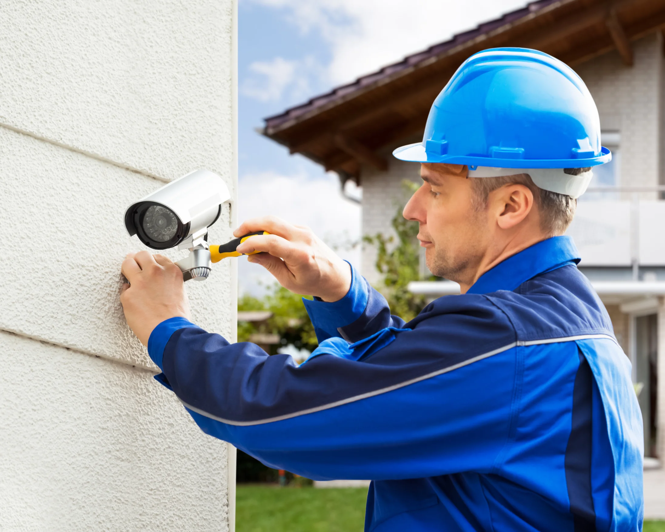 technician installing outdoor security camera on Toronto building