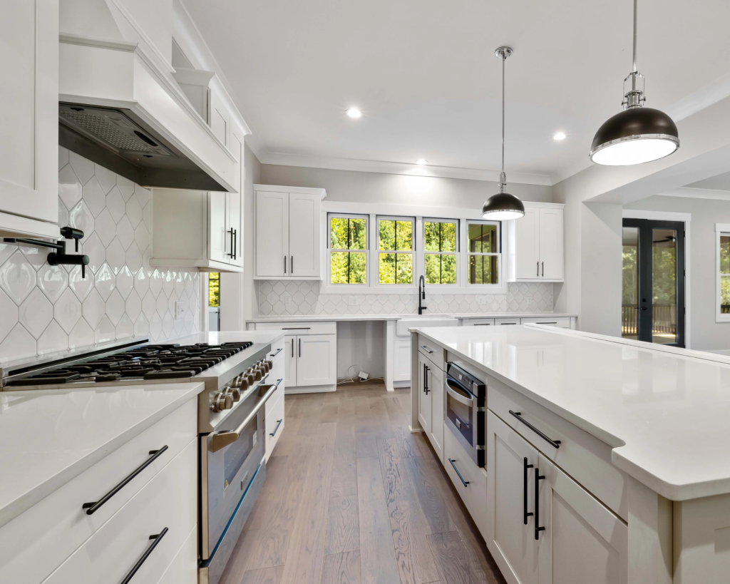 Quartz countertop installation on a modern kitchen island