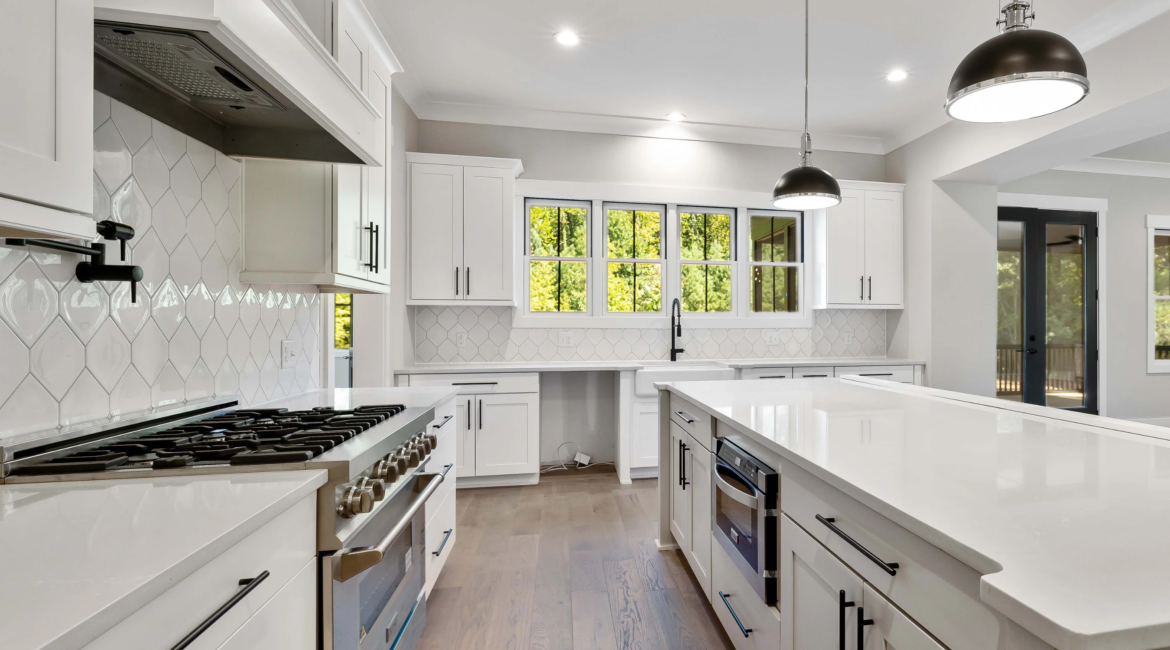 Quartz countertop installation on a modern kitchen island