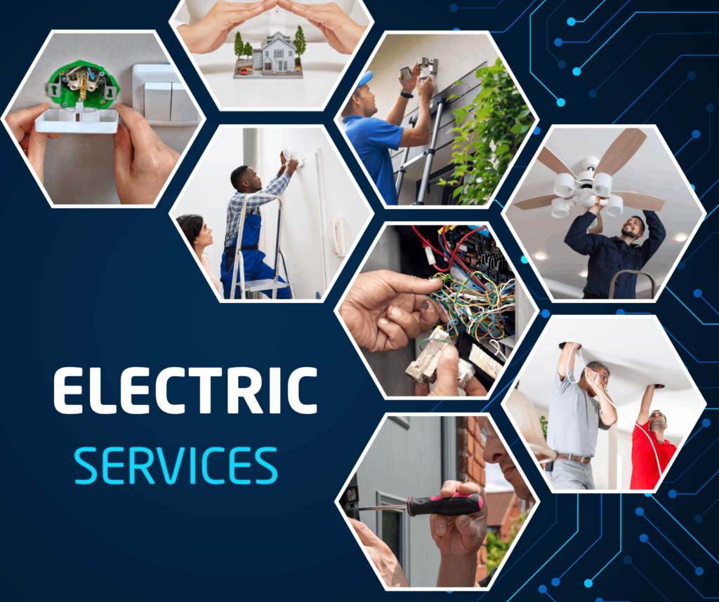 Professional electrical services with technicians performing wiring, installations, repairs, and home electrical upgrades.