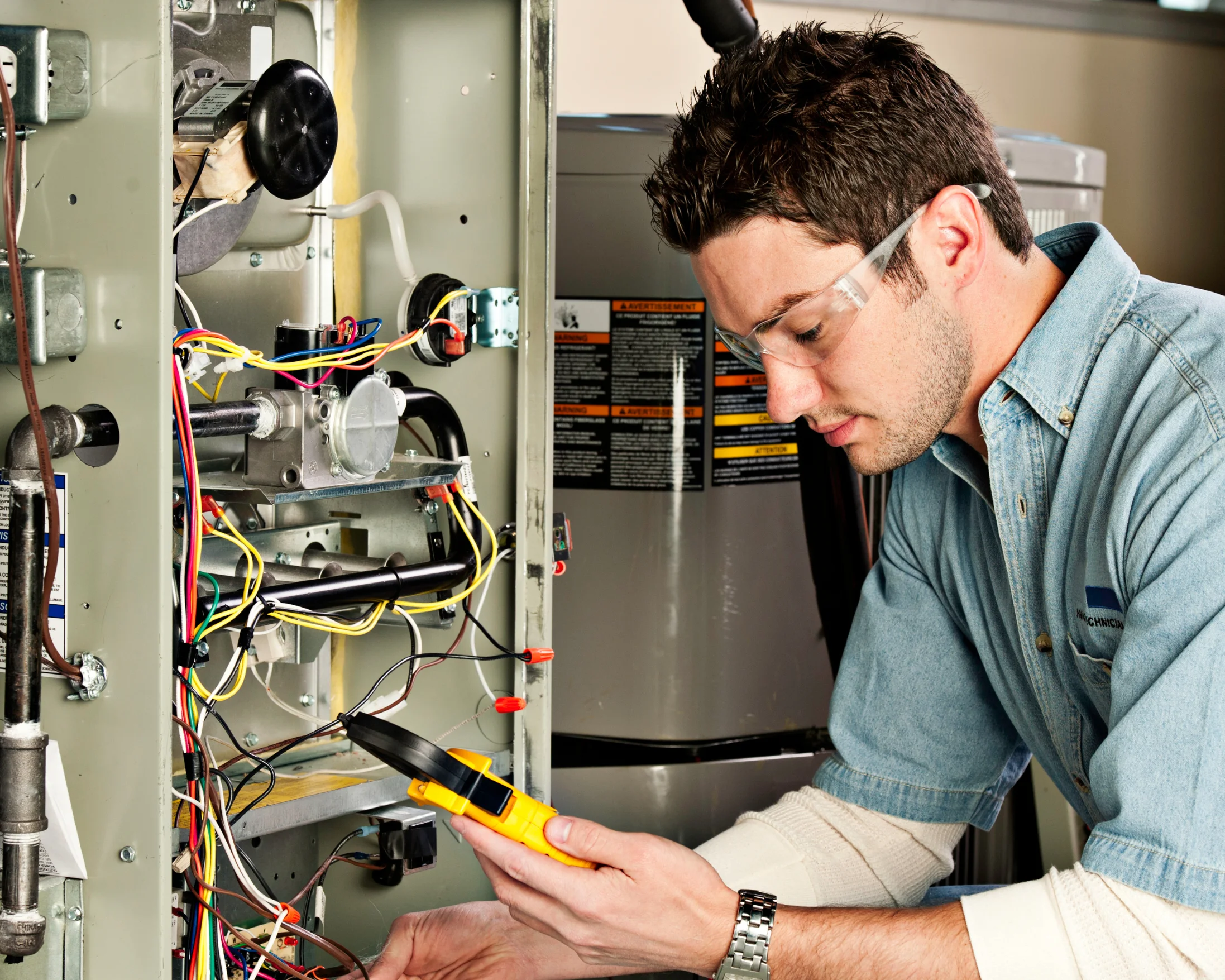 HVAC technician performing furnace inspection and cleaning.
