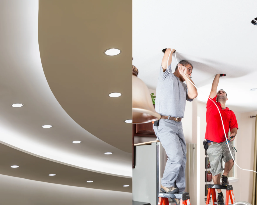 Electrician installing indoor ceiling lights and LED fixtures.