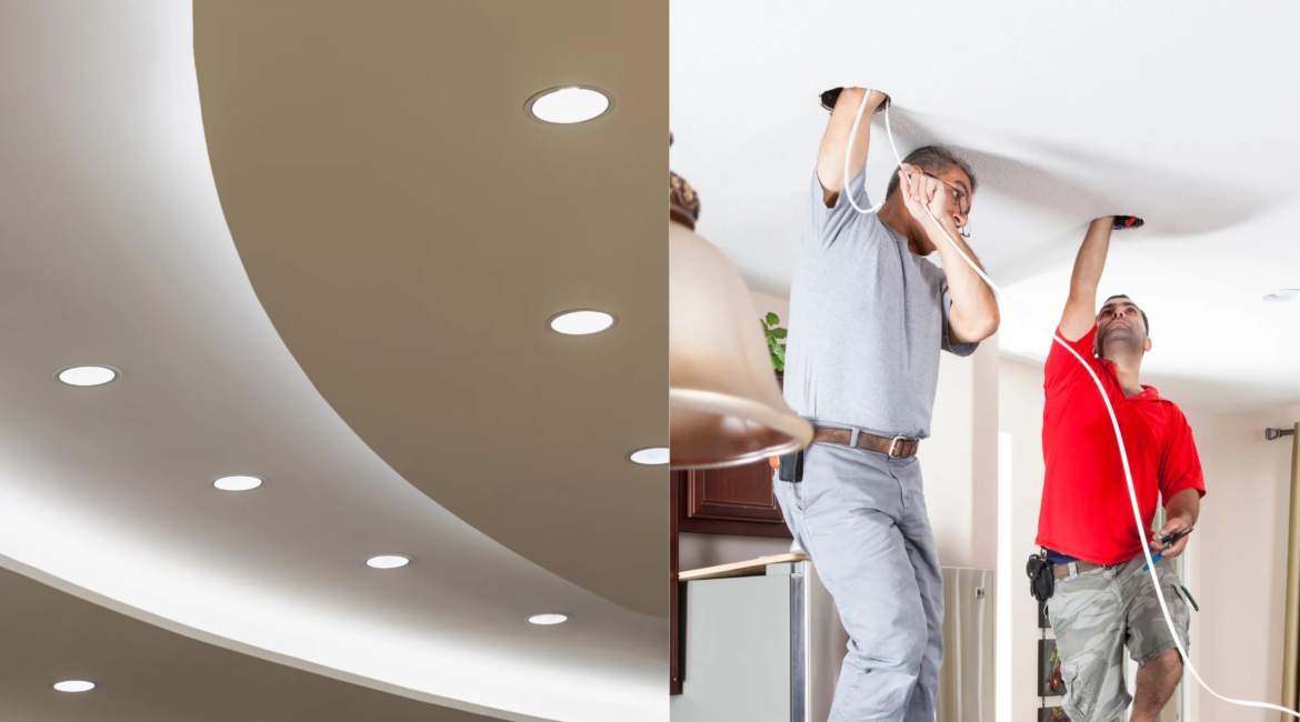 Electrician installing indoor ceiling lights and LED fixtures.