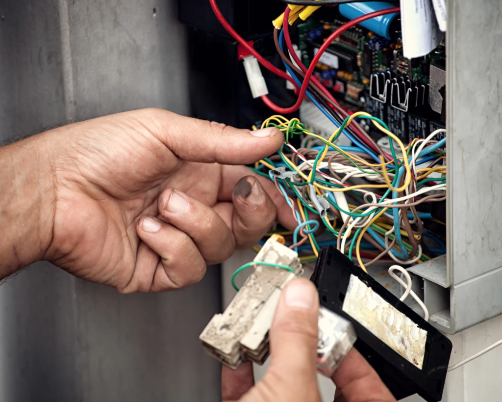 Electrician repairing a loose wire and fixing minor electrical issues.