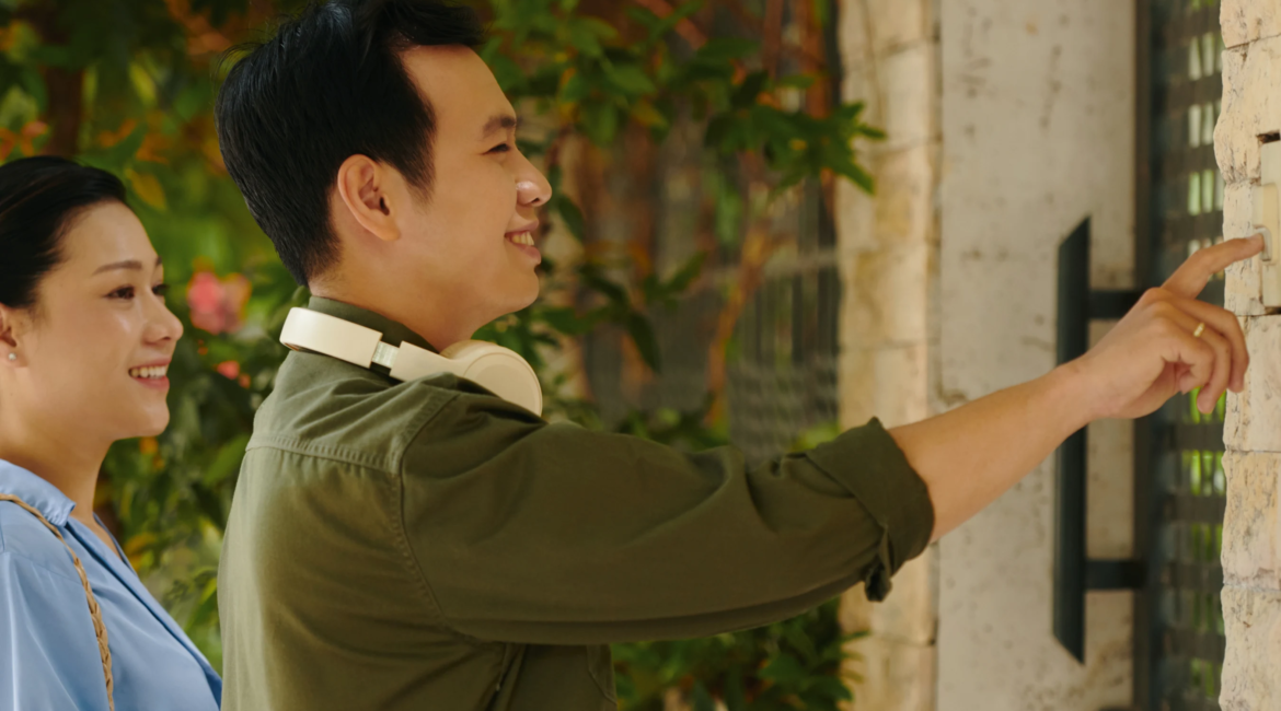 Smart video doorbell installed on a home entrance