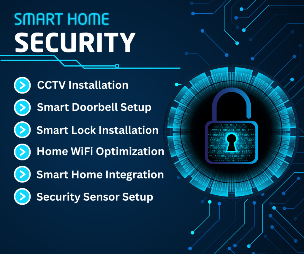 Smart home security services including CCTV installation, smart doorbell setup, smart locks, WiFi optimization, and sensor integration.