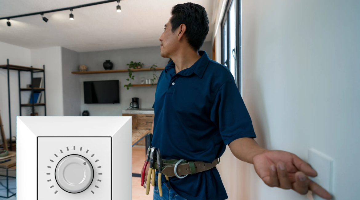 Technician installing a Wi-Fi smart switch and connecting it to an app.