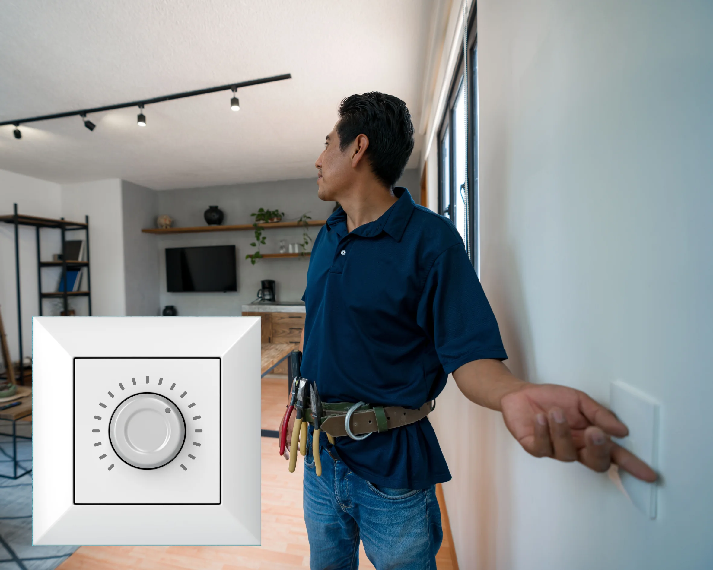Technician installing a Wi-Fi smart switch and connecting it to an app.